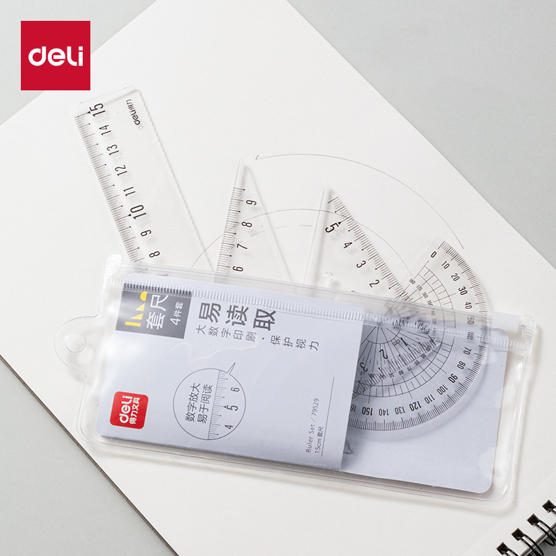 Deli Set Ruler for Primary School Students Drawing Stationery suit Transparent Triangle Set Ruler for Children Cute Cartoon Wave