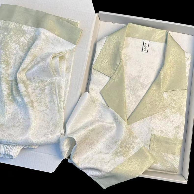 Foreign Trade Cross-Border Pajamas for Women Xiaohongshu Same Style Spring & Fall Long-Sleeved Cardigan-Like Imitation Silk Home Clothes Two-Piece Set