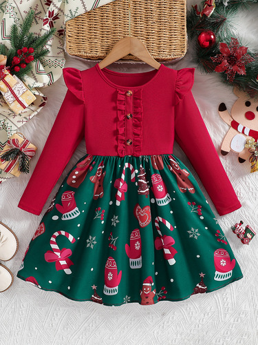 Foreign trade Christmas girls 2026 dress autumn new style flying sleeves floral dress children's foreign-style Korean princess