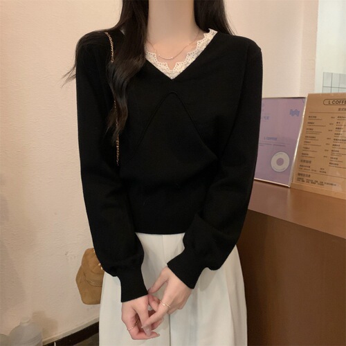 Gentle Breeze V-Neck Lace Knit Sweater for Women - Spring and Autumn Season Stylish Innerwear and Base Layer Top - Long Sleeve Woolen Sweater for Petite Women