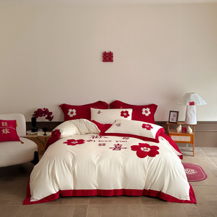 2025 New Style Washed Cotton Soft, Comfortable and Skin-Friendly Cotton Patch Embroider Wedding Four-Piece Set 15m Bed Bed Sheets Set