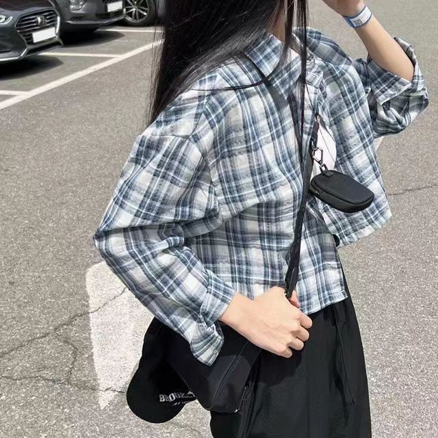 跨境秋季新款韩国chic复古格子翻领短款衬衫休闲女式防晒衣上衣|undefined