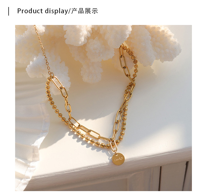 15g Weight No Inlaid Inlay Material Titanium Steel Material Printing Pattern Women'S Gender Gold, Silver Color Lucky Round Brand Double Layer Necklace, Bracelet Set Round Beads Necklace Clavicle Chain Titanium Steel 18k Gold Plating P853-e184 9