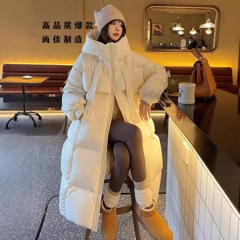 Pinghu Down Jacket Women's High-end Thickened Long Down Jacket with Strap Large Quilt Over Knee Long Sleeve Down Jacket Trendy
