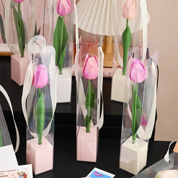 花店节日单支袋透明手提花盒花艺包装盒郁金香花盒单只花束包装