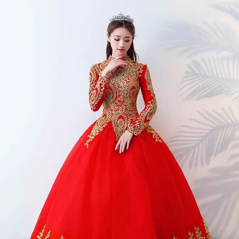 外贸红色蓬蓬裙2025欧美一字肩新娘结婚敬酒服婚礼婚纱晚礼服供应