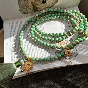 Chinese style accessories Gold Line Green Pine Ruyi lock Tassel Crossbody long necklace crossbody chain