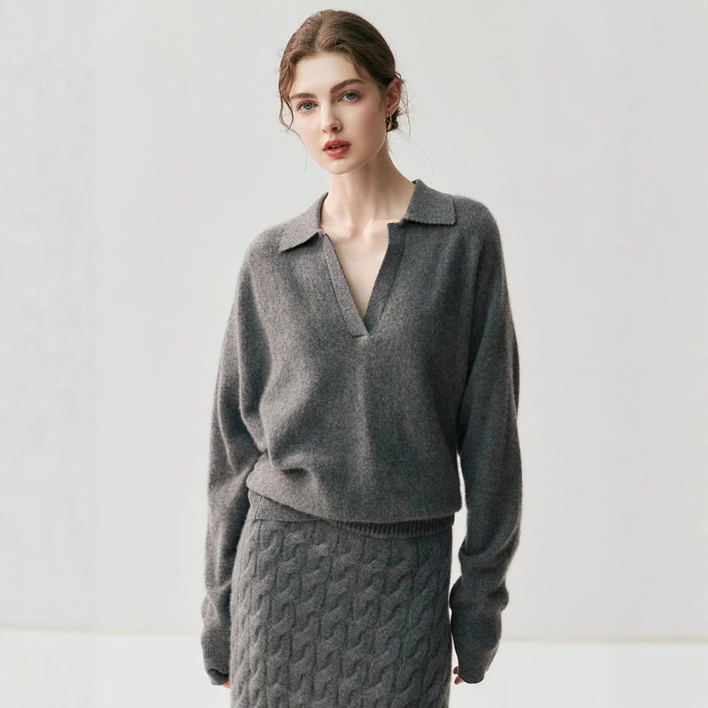 Cos Same Style Baby Cashmere Women's Large V Neck Gray Loose Top Knitted Bottoming Pullover Sweater Lazy Style