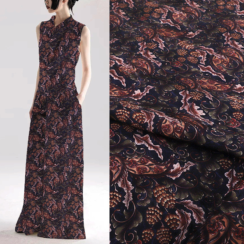 《缠枝火腿纹》国风面料红云纱真丝面料新中式香云纱旗袍连衣裙
