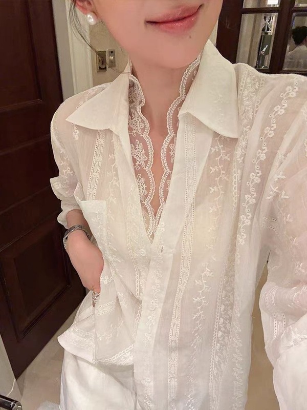 南油高端女装法式蕾丝刺绣设计感春夏苎麻衬衫宽松百搭通勤女上衣|undefined