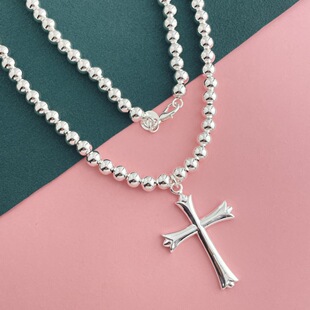 Wholesale Export Jewelry Electroplated Silver Buddha Beads Cross Necklace Clavicle Chain Cross-Border Temu Xiyin Hot Sale