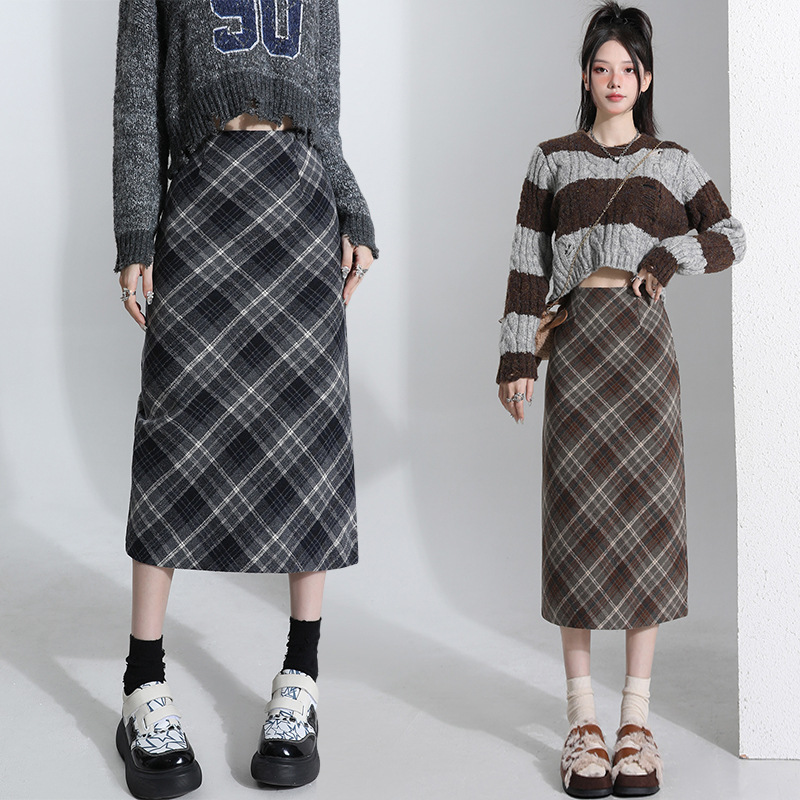 实拍格子毛呢半身裙女2025秋冬新款高腰显瘦A字裙直筒开叉中长裙