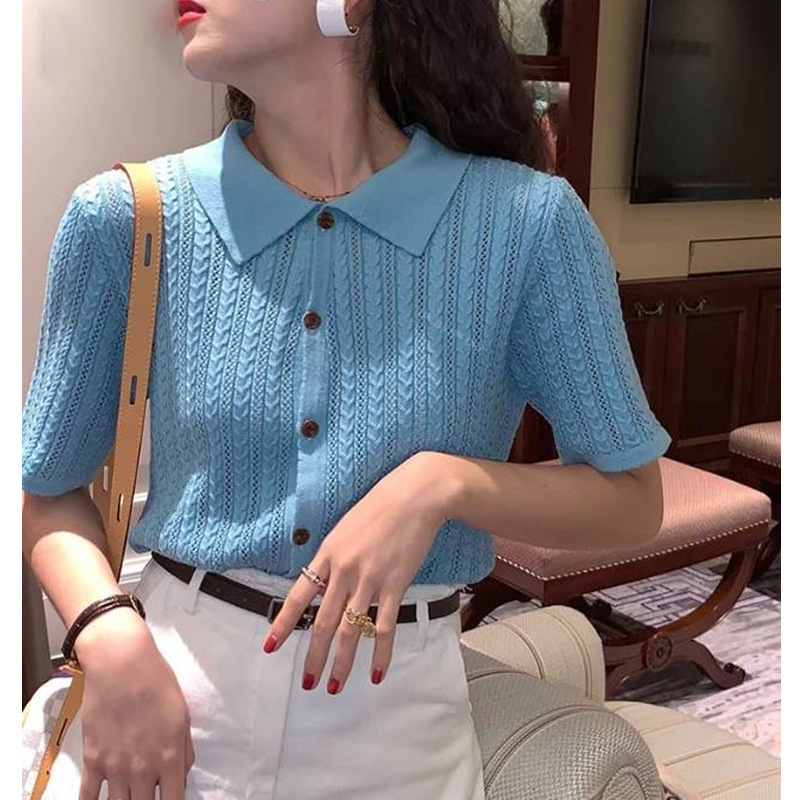 French Style Elegant Ice Silk Knitted Cardigan Top Women's Summer Chanel Style Polo Collar Hollow Thin Short-sleeved T-shirt for Women