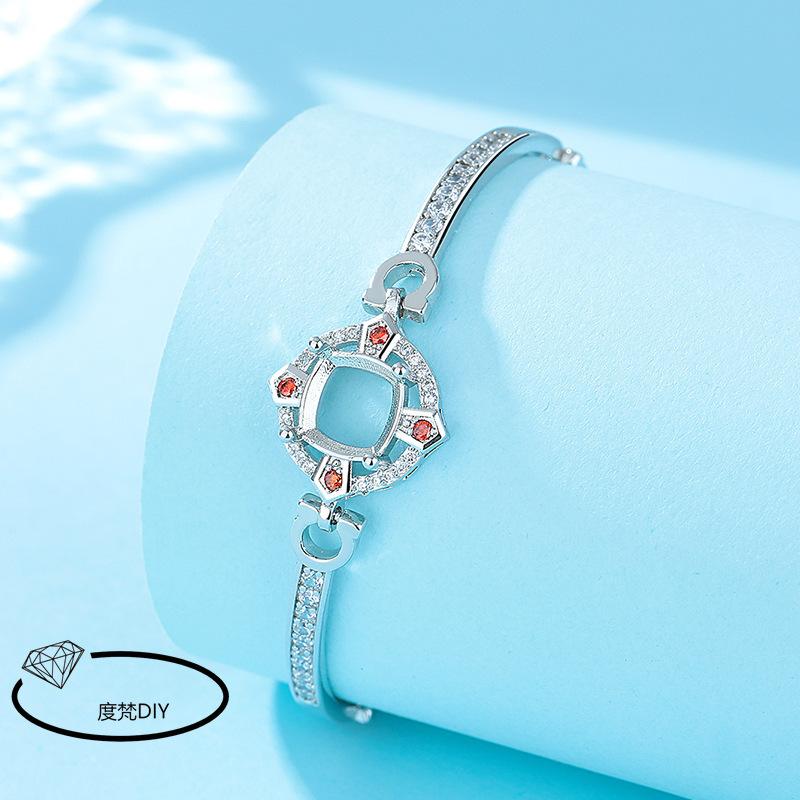 New Princess Square Little Sun Silver Plated Platinum Color Women's Bracelet Bracelet Empty Bracelet Diy Inlaid with Huizi Fertilizer Square Diamond 925