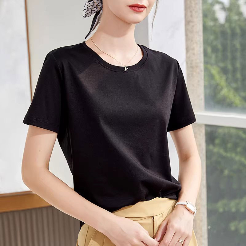 80-Count Mulberry Silk Mercerized Cotton Short-Sleeve T-Shirt for Women, Summer Solid Color Versatile Breathable Cool Simple Elegant Commuter Top 80-Count Mulberry Silk Mercerized Cotton Short-Sleeve T-Shirt for Women, Summer Solid Color Versatile Breathable Cool Simple Elegant Commuter Top
