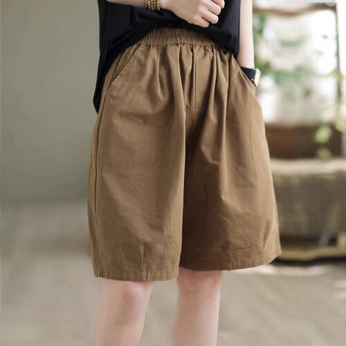 High-waist slimming cotton sports shorts for women's summer 2025 new style simple loose medium pants casual five-quarter wide-leg pants