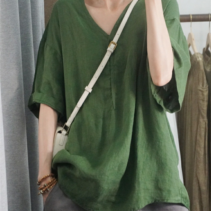 Women's Clothing Summer Style Women's Casual Shirt Short Sleeve Loose Cotton Linen Top Plus Size Pink And Black_ecoleips.com