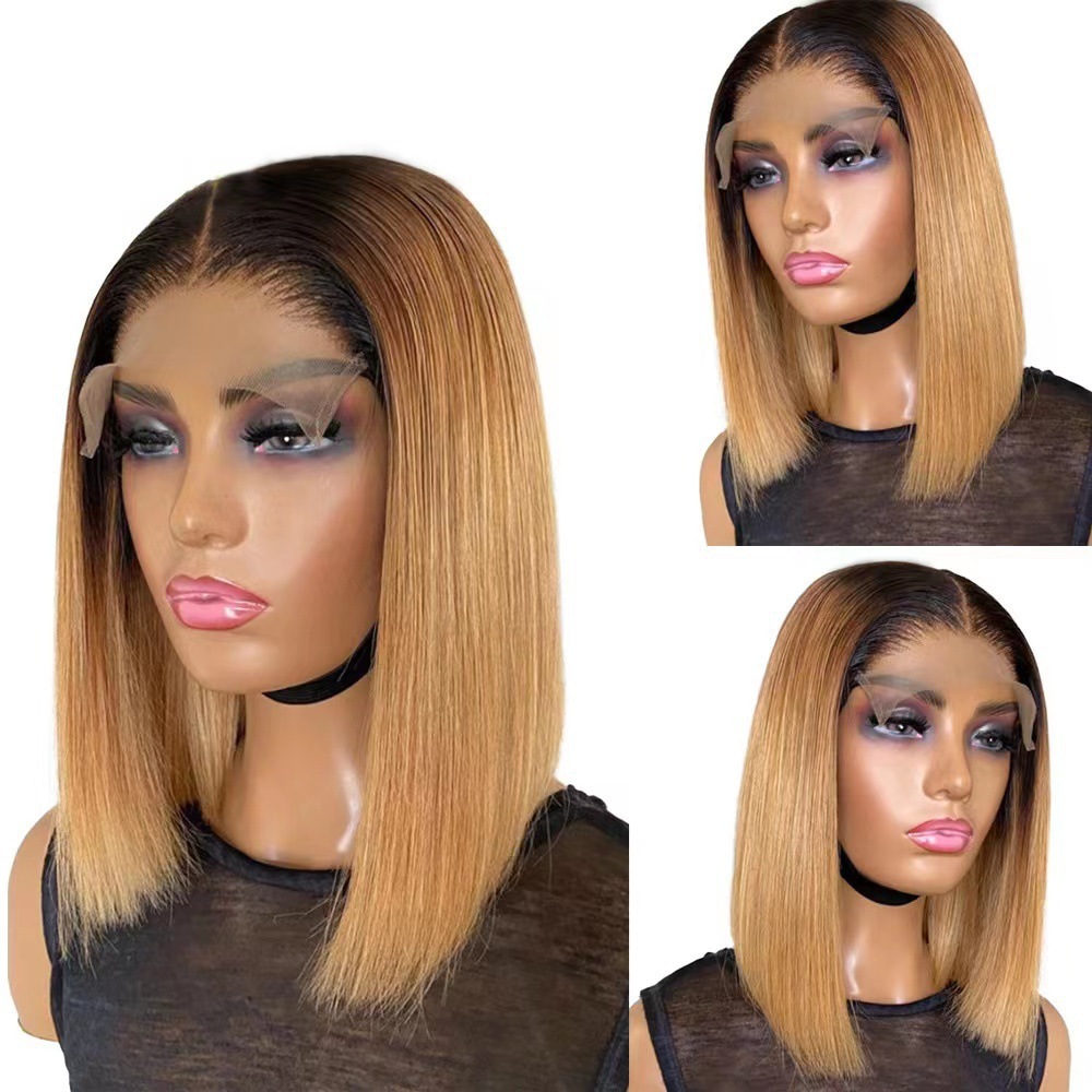 European American Style Short Straight Bob Synthetic Fiber Wig Full Head Center Parting Clip-in Hairpiece_voghion.com