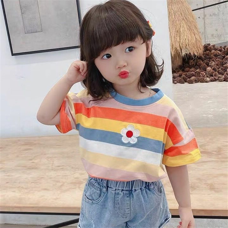 女童夏装纯棉短袖T恤宝宝网红洋气儿童个性潮牌韩版花朵彩虹条纹