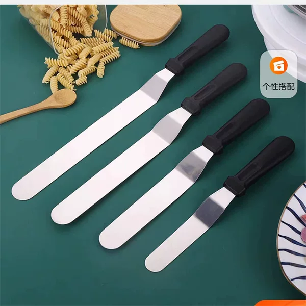In stock special sale 0.7 thick 6 8 10 12 inch stainless steel plastic handle curved kiss spatula cake cream spatula
