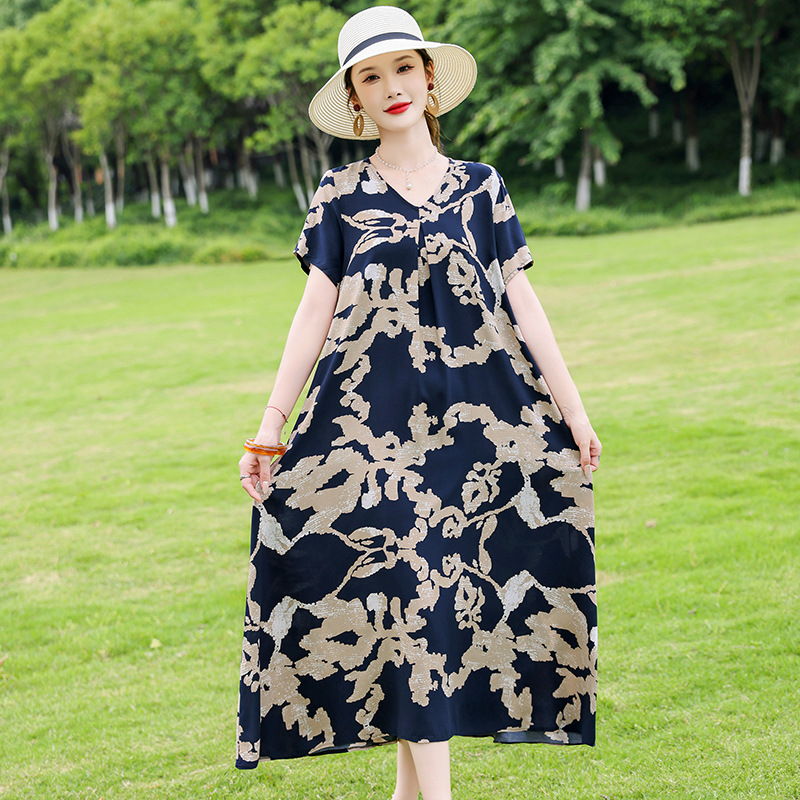 2026连衣裙棉绸夏季新款气质显瘦妈妈宽松短袖夏装印花裙子