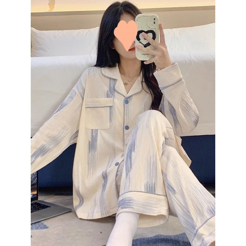 잠옷 여성의 봄과 가을 카디건 긴 소매 바지 달콤한 귀여운 2023 새로운 INS 스타일 기숙사 홈 세트