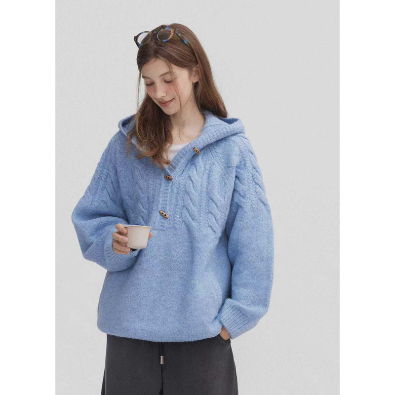 Scandinavian Nordic Retro Wool Fluffy Cable Half Placket Horn Button Hooded Sweater for Women