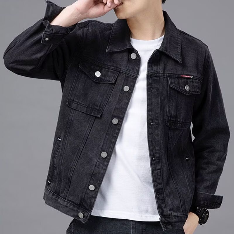 Spring Denim Jacket Men's Loose Plus Size Cargo Jacket Solid Color Lapel Multi-Pocket Denim Top Men