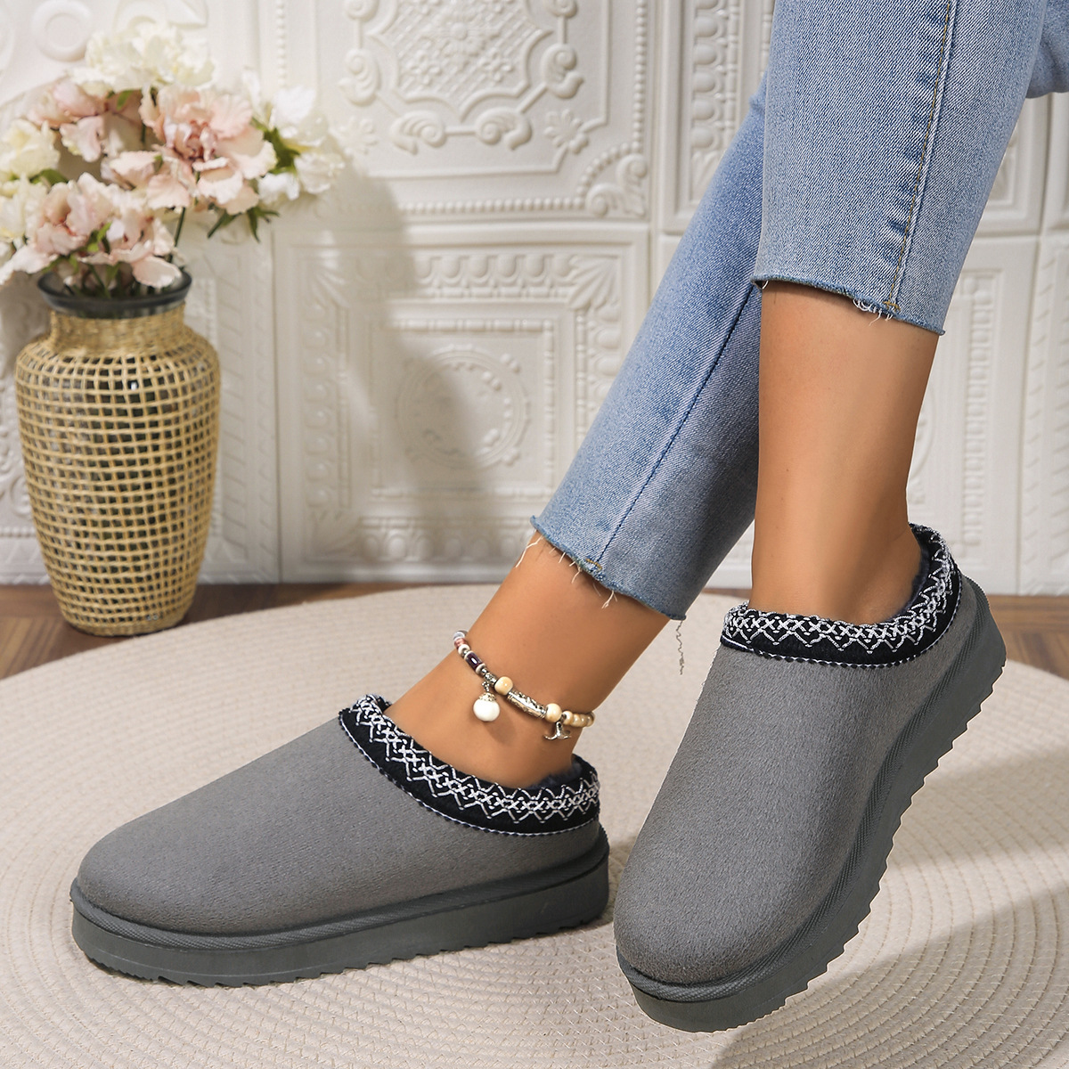 Lace ethnic fashion snow boots women's shoes semi-drag cotton shoes autumn and winter indoor outdoor_viptrois.com