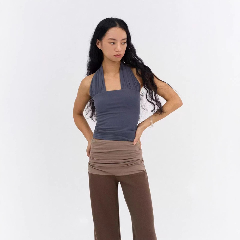Yoga Fitness Korean Mom.Seoul Same Style Cotton Pleated Comfortable Halter Neck Elastic Fashion Tank Top for Women