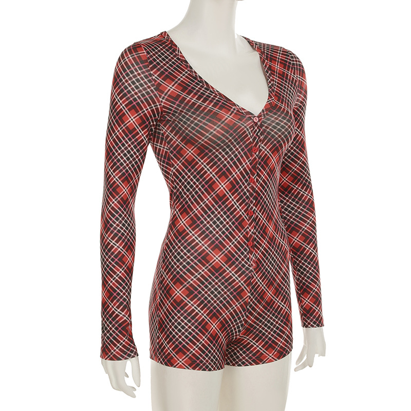 Mono navideño de manga larga con cuello en V y estampado navideño para mujer