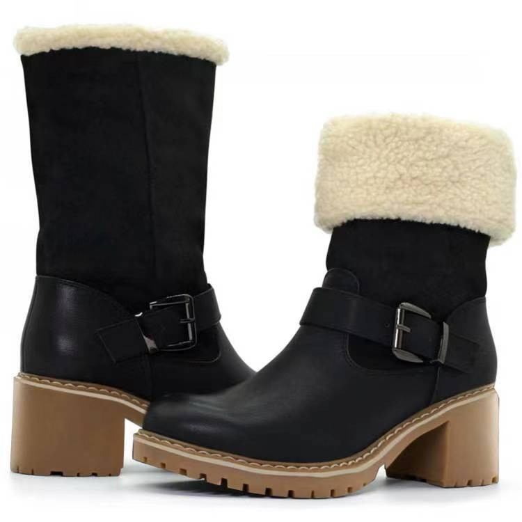 Women's Suede Ankle Boots With Buckle And High Thick Heels_voghion.com