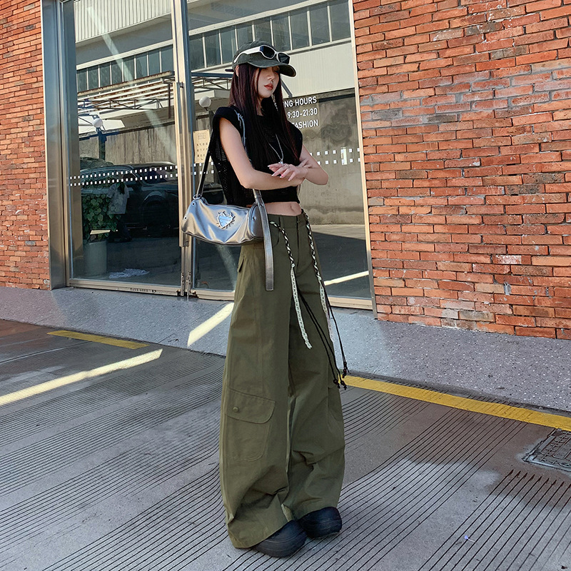 军绿色弯刀裤女2025年秋季新款高腰宽松显瘦美式工装阔腿休闲裤子|undefined