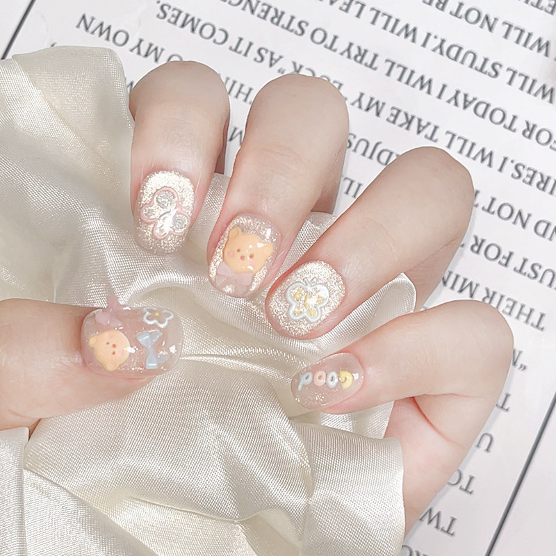 Dopamine Hand-Painted Bear Butterfly Fine Glitter Cat Eye Handmade Wearable Nails Cute Bow Whitening Short Manicure