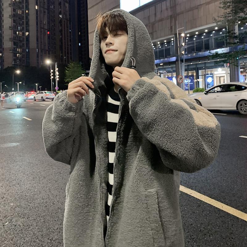 Autumn and Winter loose sweater men's hooded cardigan student hip hop sports lamb wool coat trendy student ins top
