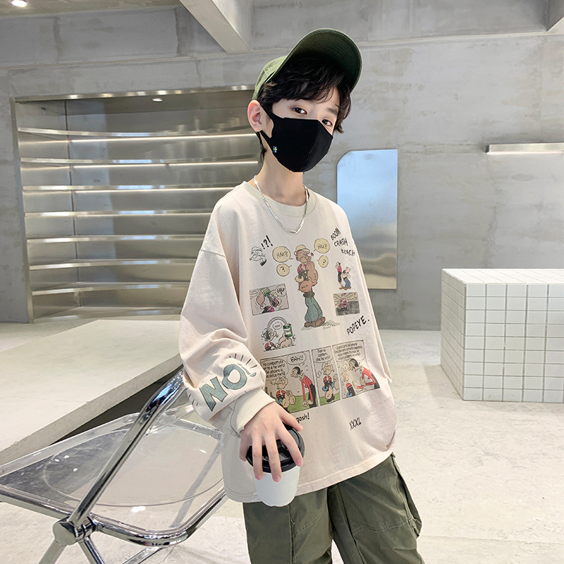 Men's Spring and Autumn Hooded Sweatshirt 2024 New Children's Stylish Cartoon T-shirt Pullover for Middle and Older Children Trendy Spring Children's Clothing