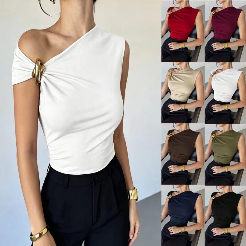 In-Stock Cross-Border 2026 Summer New Product: Elegant and Simple Sleeveless Top with Metal Ring Design, Solid Color, Slimming Tank Top