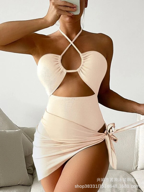 Mingyi nuevo europeo y americano sexy multicolor moda bikini pequeño pozo malla falda de tres piezas traje de baño de las mujeres