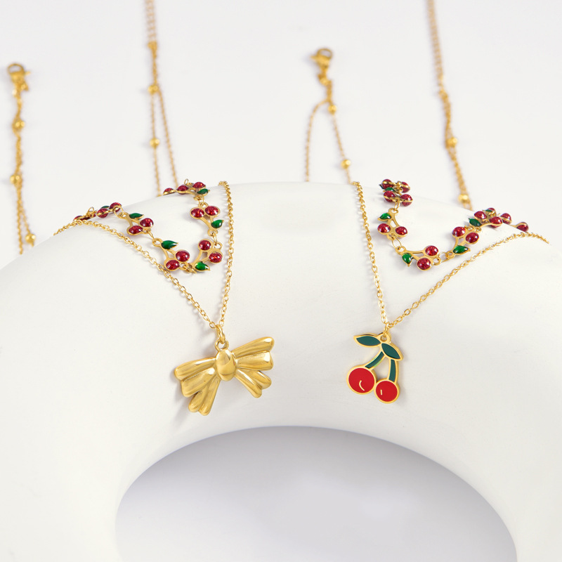 Double Layer Necklaces Classification 304 Stainless Steel Chain Material PVD Coated Real Gold Plated Cherry Bow Knot Stainless Steel Sweet Waterproof Non Tarnish Titanium Steel Double Layer Necklaces