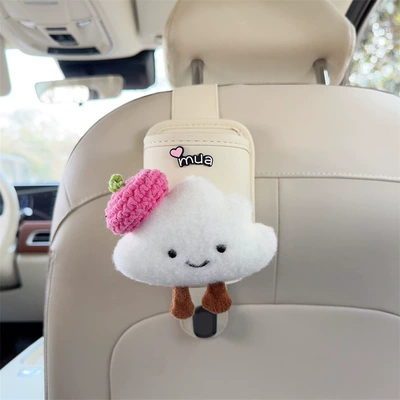 women, Car cup holder/beverage holder - off-white-leather-cup-holder-with-hook-and-a-rose-red-beret-with-white-clouds