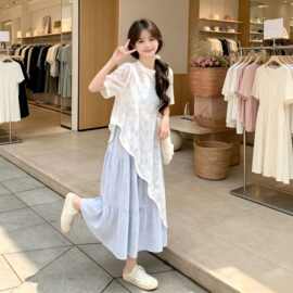 2026夏新款女童小清新蕾丝罩衫格子吊带连衣裙套装韩系甜美两件套