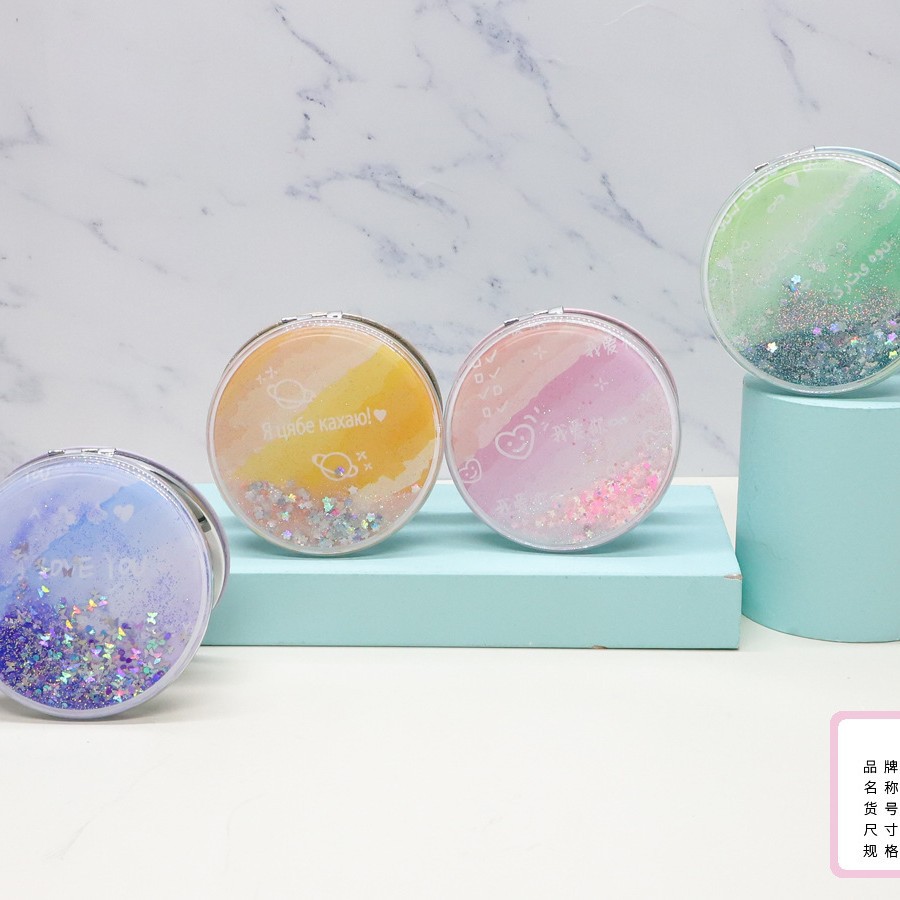 Venta al por mayor bolsillo portátil espejo cosmético portátil redondo plegable lindo doble cara chica corazón lentejuelas arenas movedizas pequeño espejo