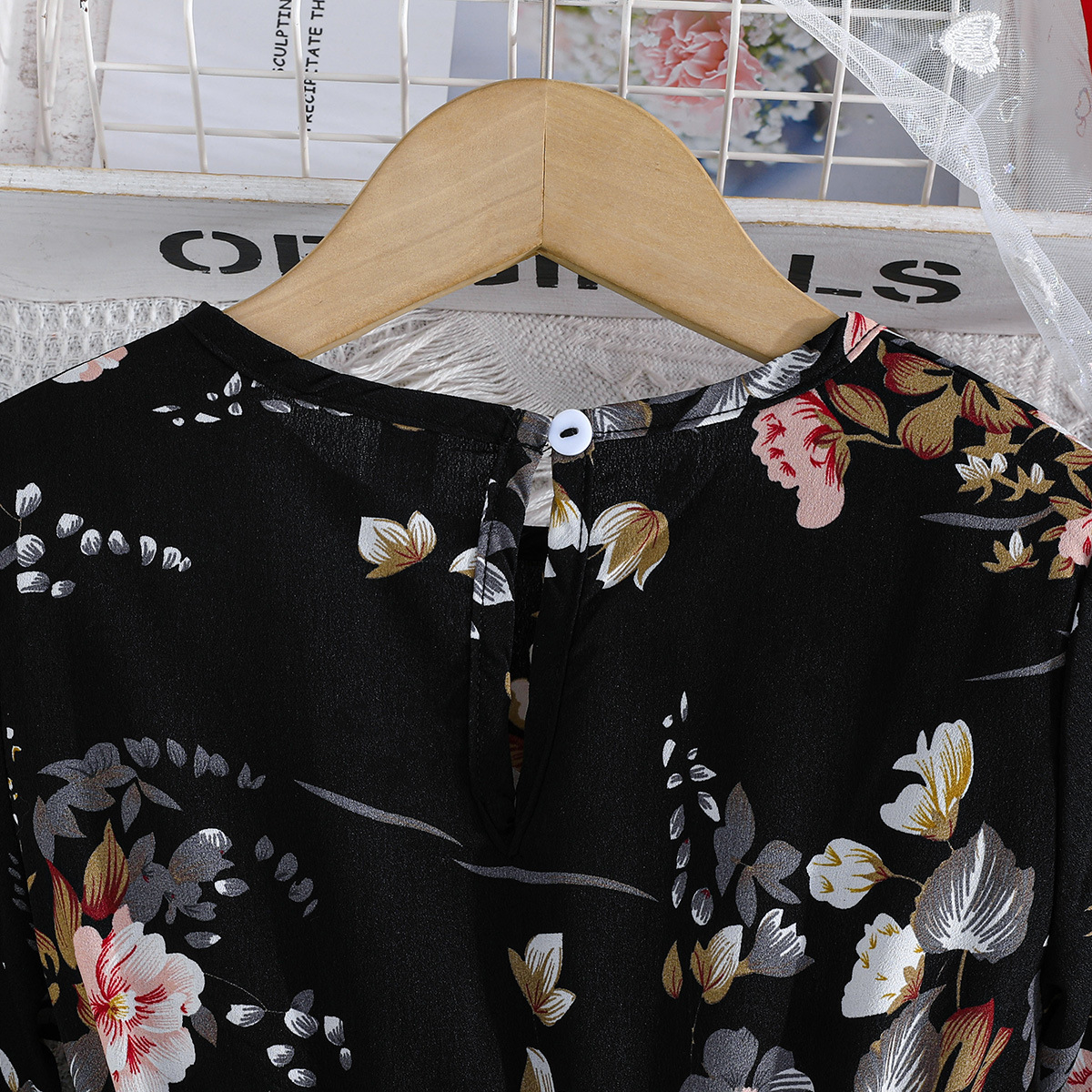 2024 Sommer neues zweiteiliges Set mit Blumendruck für Mädchen und Kinder mit langen Ärmeln und Gürtel_voghion.com