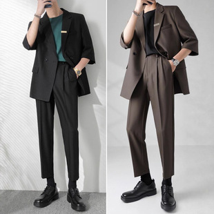 Trendy Short-sleeved Spring and Summer Suit New Arrival Men's Seven-point Loose Suit Korean Style Light Mature suit Sleeve Style Youth Handsome Casual