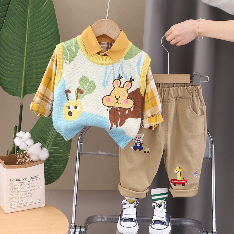 Spring set for boys, children's cartoon vest, autumn shirt, children's clothing, 3 piece set