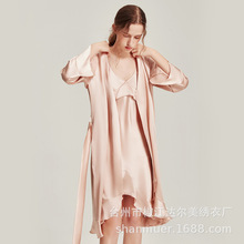 【设计新款】珊目尔6A级桑蚕丝睡衣荷叶摆拼接真丝睡裙睡袍两件套