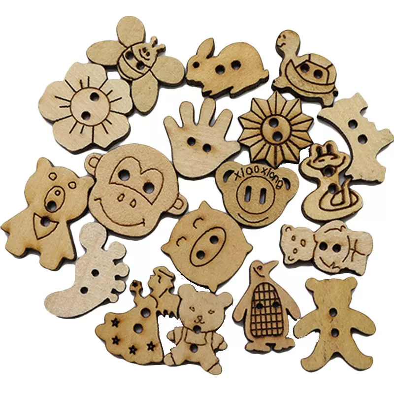 跨境热销卡通木质工艺品 创意激光雕刻 卡通纽扣木质工艺品