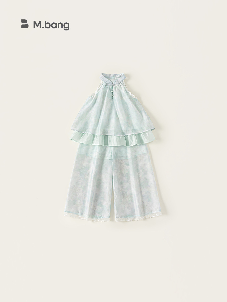 Ropa de niños Youbao de verano para niños grandes trajes de niñas camisas colgantes de cuello estilo nacional de malla de niñas pantalones de piernas anchas de encaje dos conjuntos