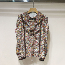 1件起批2025冬女装 时尚碎花荷叶边飘带复古印花长袖衬衫S250857