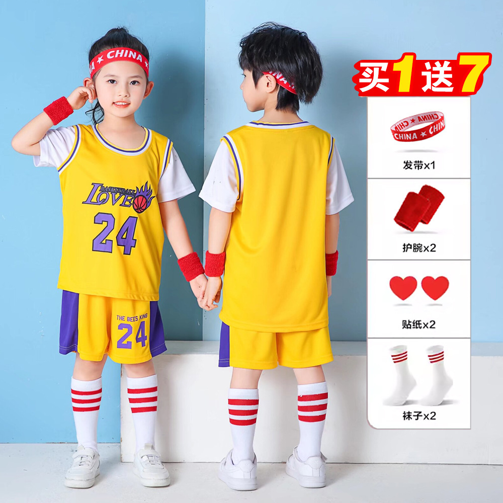 Trajes de baloncesto infantil falsificados al por mayor de dos piezas trajes deportivos fitness de manga corta logotipo de primavera y verano transpirable secado rápido